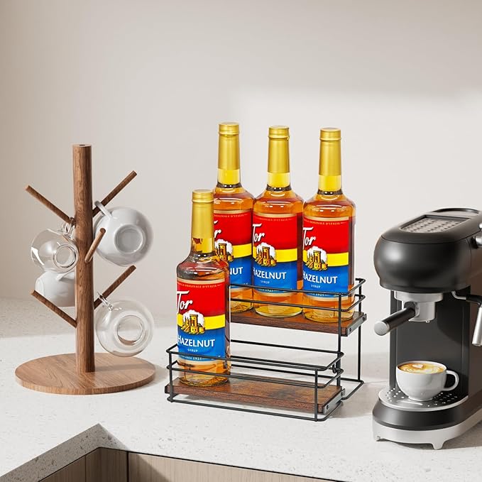 6 Bottle Capacity Coffee Syrup Rack Organizer, 2 Tier Coffee Syrup Stand Shelf, Storage Shelves for Coffee Bar, Small Wine Rack for Bar Family Storage for Syrup Wine Dressing