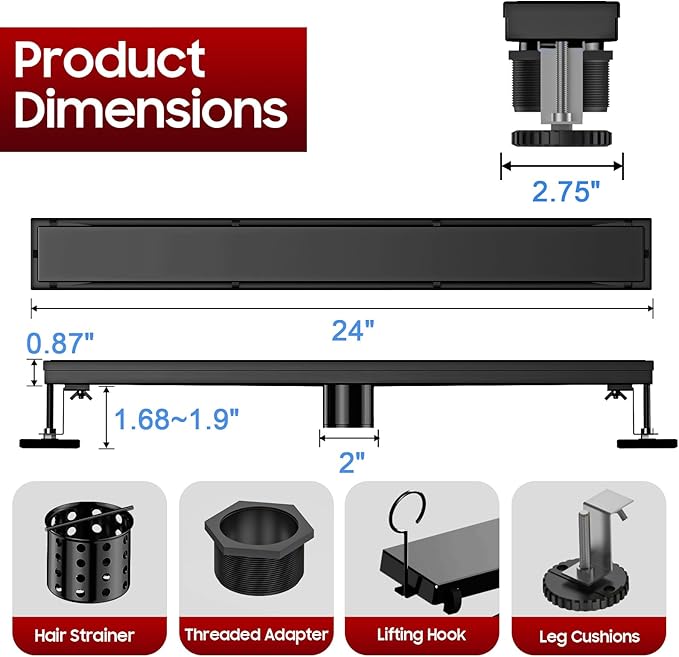 DLONE Linear Shower Drain | 24" AISI 304 Stainless Steel Shower Drain, Matte Black Linear Drain with Tile Insert Panel & Adjustable Feet, Long Rectangle Shower Floor Drain in Bathroom, Balcony, etc