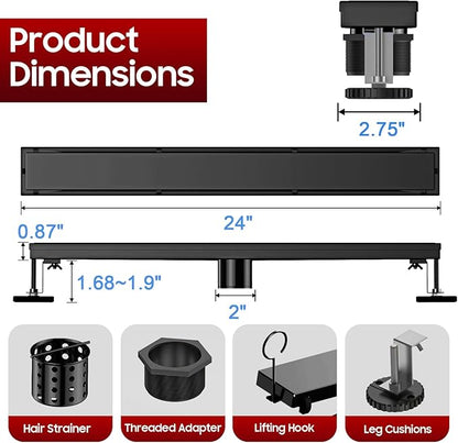 DLONE Linear Shower Drain | 24" AISI 304 Stainless Steel Shower Drain, Matte Black Linear Drain with Tile Insert Panel & Adjustable Feet, Long Rectangle Shower Floor Drain in Bathroom, Balcony, etc