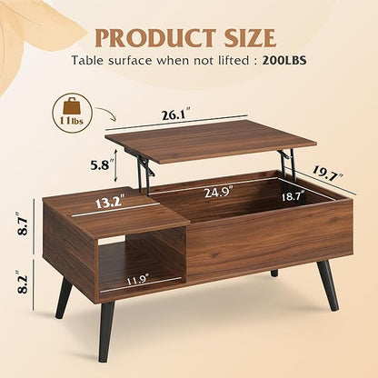 WLIVE Coffee Table for Living Room, Lift Top Coffee Table with Storage, Small Rising Wooden Dining Center Table with Storage Shelf & Hidden Compartment, 39" Brown