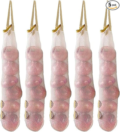 Ahyuan Hanging Mesh Storage Bags 5 Pack Onion Garlic Potatoes Net Mesh Bag Long and Large Reusable Net Produce Bags for Fruit Veggies Garbage Bag for Home RV Camper