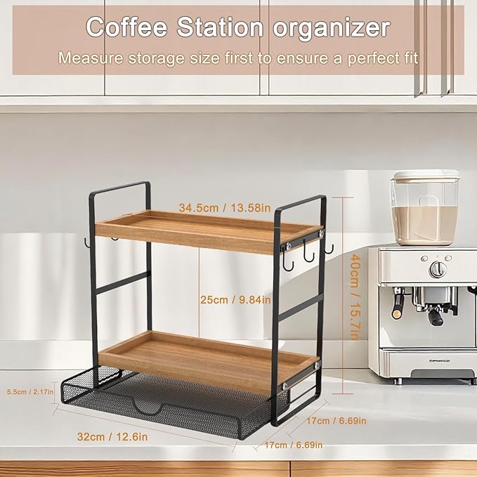 LEMIKKLE Coffee Station Organizer with Pod Holder and Drawer, Kitchen Countertop Organizer, Coffee Bar Accessories Station with Coffee Pod Storage, 2-Tier Wood Coffee Organizer With 6 Hooks