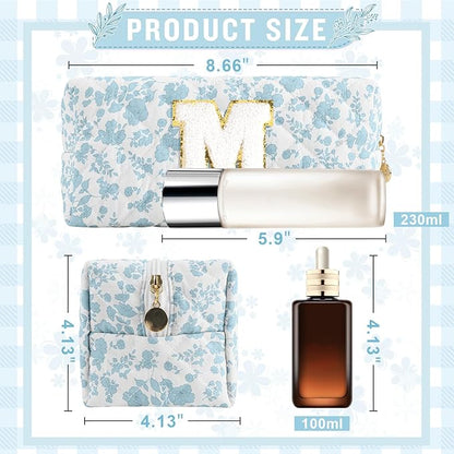 Personalized Quilted Cosmetic Bag, Puffy Monogrammed Christmas Birthday Gifts for Women & Girls, Cute initial Floral Makeup Bag Puffer Coquette Bag, Aesthetic Travel Toiletry Zipper Pouch(Blue,M)