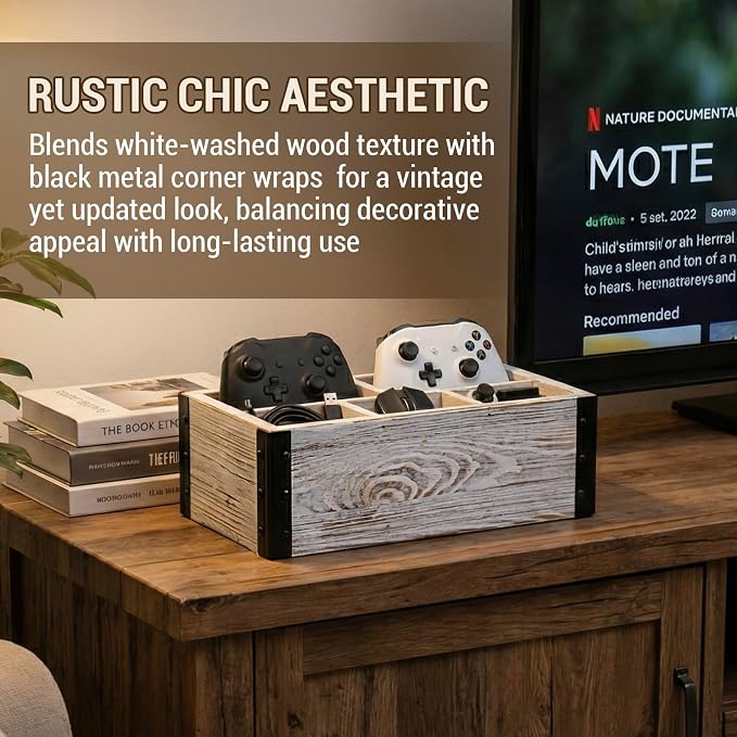 MyGift Rustic Whitewashed Wood 5-Compartment Remote Control and Media Storage Organizer with Black Metal Corner Trim
