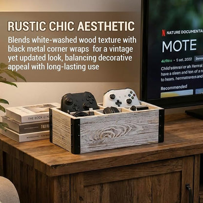 MyGift Rustic Whitewashed Wood 5-Compartment Remote Control and Media Storage Organizer with Black Metal Corner Trim