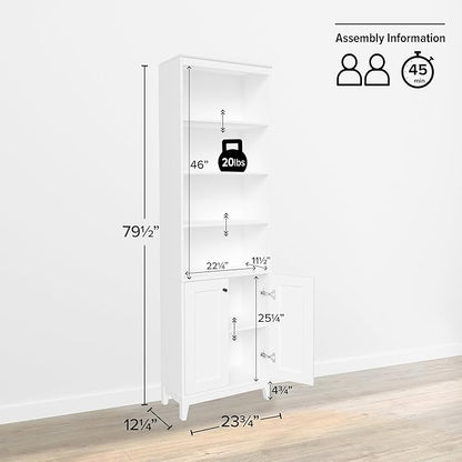 Prepac Yaletown Bookcase with Doors, White Storage Cabinet with Doors and Shelves, Accent Cabinet 23.75" W x 79.50" H x 12.25" D, WSBR-2310-1