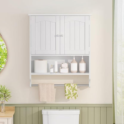 Iwell Bathroom Wall Cabinet, Over The Toilet Storage Cabinet with Towel Rack & Adjustable Shelf, Medicine Cabinet for Bathroom, White