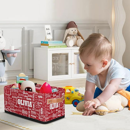 Personalized Small Kids Toys Box with Name, Custom Solid Red Nursery Baskets, Women Makeup Organization Custom Storage Toilet Paper Organizer