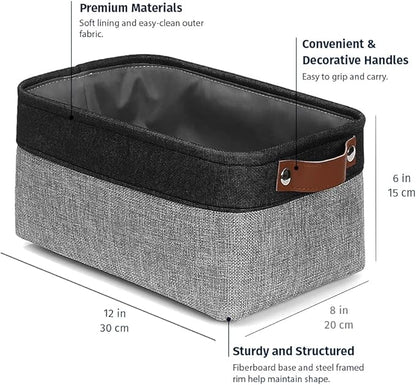 OrganiHaus Small Fabric Storage Baskets for Shelves 3 Pack, 12x08in Closet Storage Bins for Shelves, Canvas Baskets for Organizing, Linen Closet Organizers, Cloth Basket, Gray/Black