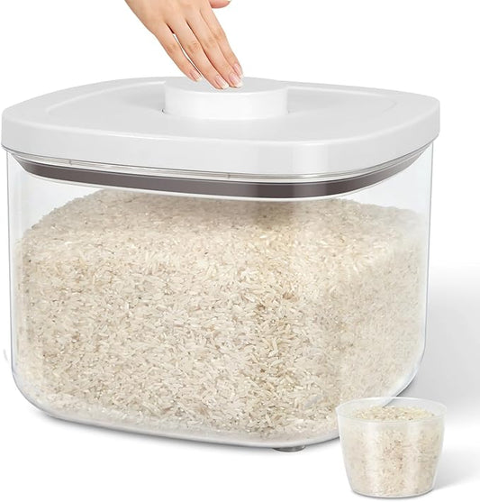 TBMax Large Airtight Food Container 5.28 Qt with Pop Up Lid & Measuring Cup, Ideal for 10 Lbs of Rice or 7 Lbs of Flour, Square Short Food Storage Bin for Kitchen Pantry and Drawer Organization