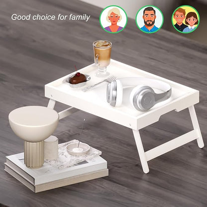 Fibogollo 4 Pack Bamboo Bed Tray Table with Folding Legs,Breakfast Trays,Serving Tray for Food and Snack,Laptop Trays for Working(White)