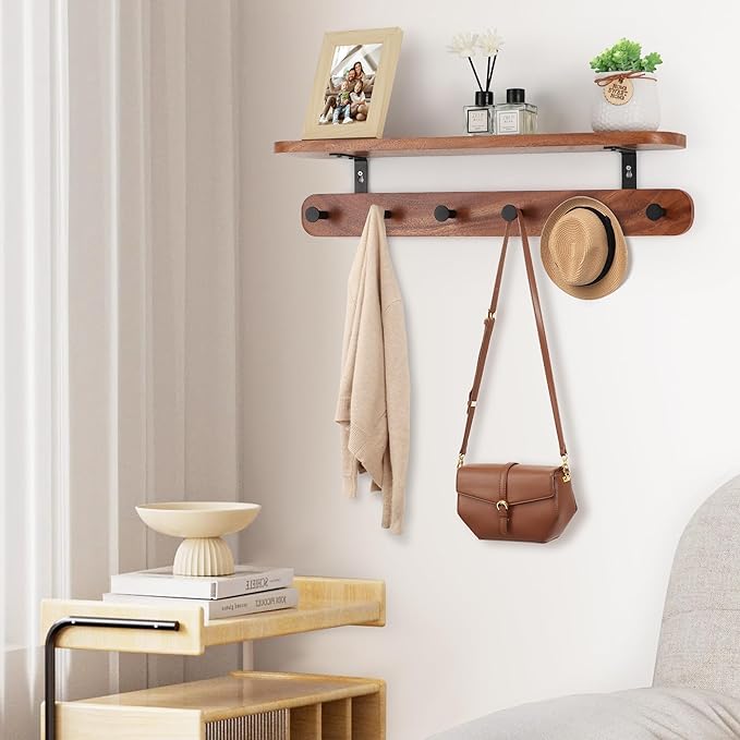 Coat Rack Wall Mount with Shelf, 22" Walnut Wood Wall Shelf with Hooks, Entryway Floating Coat Rack with 6 Metal Hangers for Coats, Backpacks, Living Room, Bedroom, Bathroom (Brown-22'' L)