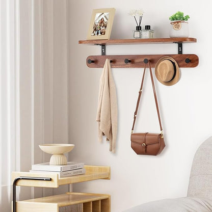 Coat Rack Wall Mount with Shelf, 22" Walnut Wood Wall Shelf with Hooks, Entryway Floating Coat Rack with 6 Metal Hangers for Coats, Backpacks, Living Room, Bedroom, Bathroom (Brown-22'' L)
