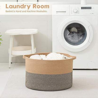 Foldable Laundry Hamper Basket with Collapsible Handle Cotton Rope Soft Woven Fabric Storage Organizer Clothes Toys Nursery Bedroom Dorm Space Saving Bin (Camel & Mix Camel, 115L(23.6"D x 15.7"H))