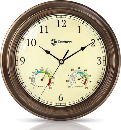 Geevon 16" Vintage Wall Clock Non Ticking with Hygrometer and Thermometer Combo,Battery Operated Quartz Decorative Wall Clocks for Home,Living Room,Office,Classroom,Kitchen,Bedroom Decor