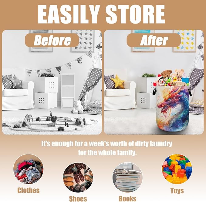 Colorful Dragon Laundry Basket, Foldable Waterproof Laundry Hamper Tote Bag Dirty Clothes Storage Bucket Toy Organizer for Bathroom/Laundry/Bedroom 15.7"x19.6"