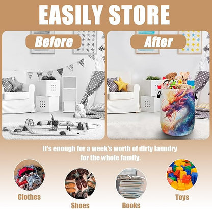 Colorful Dragon Laundry Basket, Foldable Waterproof Laundry Hamper Tote Bag Dirty Clothes Storage Bucket Toy Organizer for Bathroom/Laundry/Bedroom 15.7"x19.6"