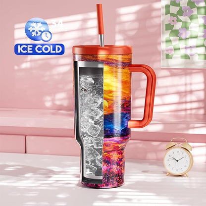 Meoky 40 oz Tumbler with Handle and Straw: Stainless Steel Insulated Tumbler with Lid and Straw - 100% Leak Proof Tumbler for Car Cup Holders - Travelers Commuters Workers, Sunrise