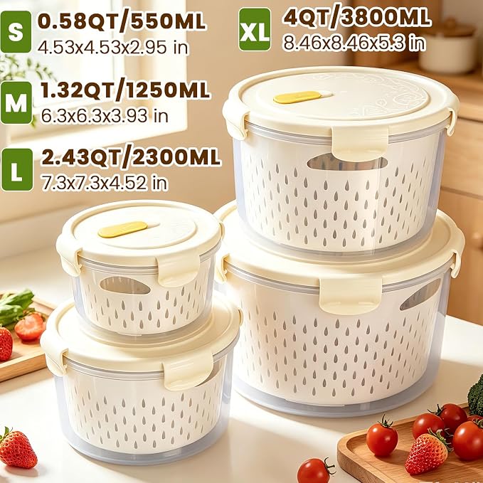 8 Pieces Airtight Fruit Storage Containers for Fridge with Air Circulation Vent, 4 Pack Round Produce Saver with Colander for Berry Lettuce Salad Vegetable Storage, Refrigerator Organizers -White
