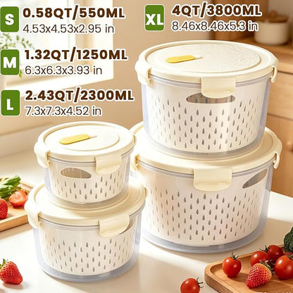 8 Pieces Airtight Fruit Storage Containers for Fridge with Air Circulation Vent, 4 Pack Round Produce Saver with Colander for Berry Lettuce Salad Vegetable Storage, Refrigerator Organizers -White