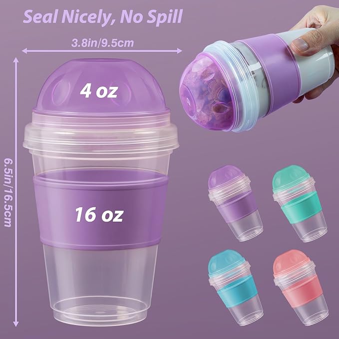 Freshmage 4 Pack 20 oz Yogurt Parfait Cups with Lids, Reusable Overnight Oats Containers with Lids, Folding Spoons and Topping Compartment for Breakfast to Go