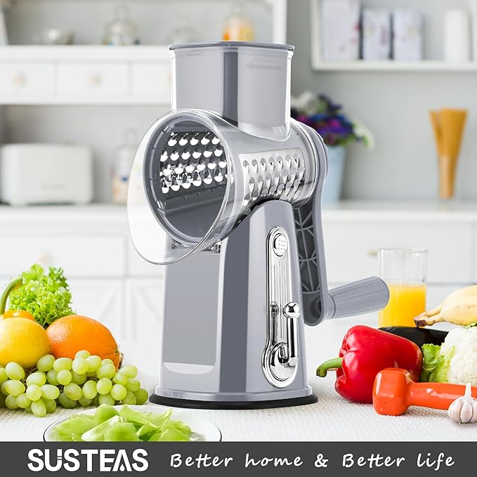 SUSTEAS Rotary Cheese Grater with Handle - Vegetable Shredder with 5 Well-designed Blades & Strong Suction Base,Round Mandoline Slicer & Food Chopper for Kitchen,with Blade Storage Box(Gray)