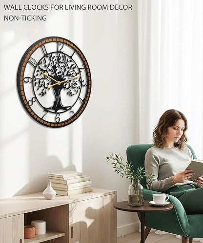 Axioglo Wall Clock,32" Large Wall Clock for Living Room Decor,Tree of Life and Wooden Frame Design,Non-Ticking Battery Operated,for Dining Room,Bedroom,Kitchen,Office Arabic Decoration