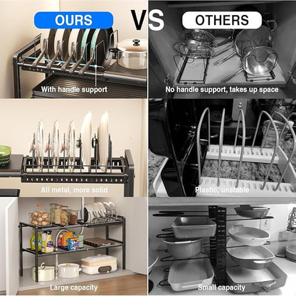 Mustorn Pots and Pans Organizer Under Cabinet, Expandable 2 Tier Under Sink Organizers and Storage Adjustable Height Kitchen Pot and Pan Lid Holder Rack with 6 Dividers(6panels,1 Pot rack, Black)