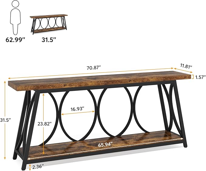 Tribesigns 71-Inch Long Entryway Console Table, 2 Tiers Industrial Narrow Sofa Table Behind The Couch with Storage Shelf and Metal Frame for Living Room, Entrance, Hallway, Brown & Black