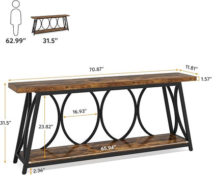 Tribesigns 71-Inch Long Entryway Console Table, 2 Tiers Industrial Narrow Sofa Table Behind The Couch with Storage Shelf and Metal Frame for Living Room, Entrance, Hallway, Brown & Black