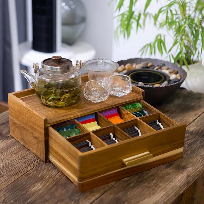 Acacia Wood Tea Bag Organizer, Tea Organizers and Storage Box, Tea Caddy for Tea Bags Storage Drawer, Teabag Holder Container Boxes for Countertop, Tea Station Chest Display Wooden, Organizador De Te