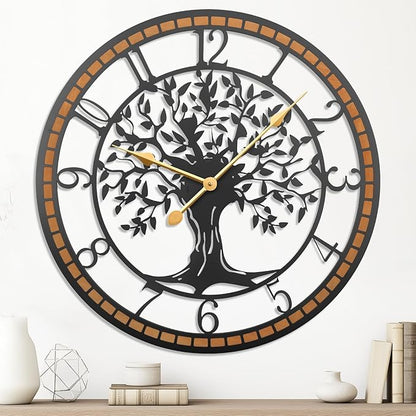Axioglo Wall Clock,32" Large Wall Clock for Living Room Decor,Tree of Life and Wooden Frame Design,Non-Ticking Battery Operated,for Dining Room,Bedroom,Kitchen,Office Arabic Decoration