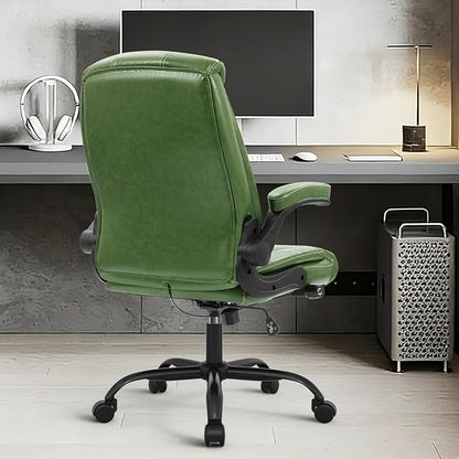 YAMASORO Executive Office Chair,Big and Tall Ergonomic Desk Chair with Adjustable Lumbar Support,Breathable PU Leather Computer Chair wih Flip-up Arms and Wheels,Green