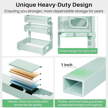 Under Sink Organizer, 1-Pack 3-Tier Height Adjustable Thickened Metal Pull out Cabinet Organizer Shelf, Slide out Storage Drawer Rack for Bathroom Kitchen Pantry Home Organization, LightBlue