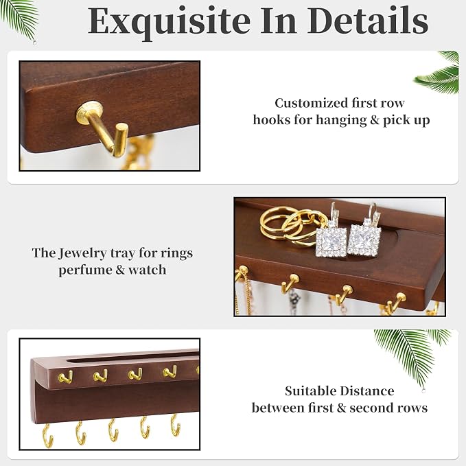 YYILIS Necklace Holder, Upgraded Extra Large Wall Necklace Organizer with 30 Hooks Wall Mounted Necklace Hanger with Jewelry Tray/Cosmetics Shelf Rustic Pine Wood Holder (Walnut)