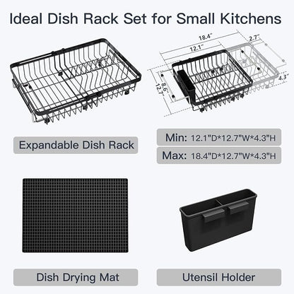 MAJALiS Dish Drying Rack Over The Sink with Utensil Holder, Mat | Expandable Stainless Steel Dish Drainer for Small Kitchen, Apartment, RV, Counter Space Saving, Perfect Fit, Rustproof