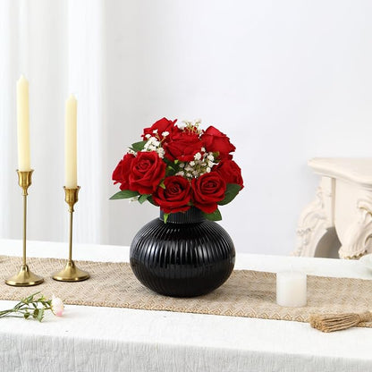 Black Glass Vase, Flower Vases for Bouquet, Ribbed Glass Vases for Flowers, Small Black Vase for Living Room, Office, Coffee Table, Shelf, Wedding, 6 Inches