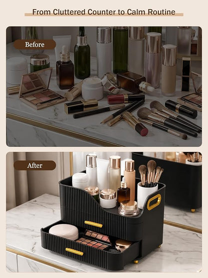 Booklov Countertop Makeup Organizer with Drawers, 3 Tier Large Cosmetic Storage Box for Vanity, Bathroom Counter, Dresser, Skincare Display Case for Lipsticks, Beauty Palettes, Teen Girl Gifts, Black