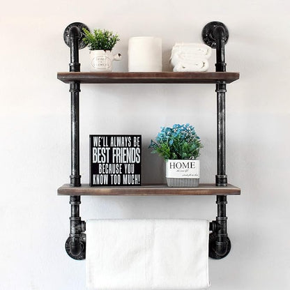 Industrial Pipe Shelf Bathroom Shelves Wall Mounted,19.6in Rustic Wood Shelf with Towel Bar,2 Tier Farmhouse Towel Rack Over Toilet,Pipe Shelving Floating Shelves Towel Holder,Retro Grey