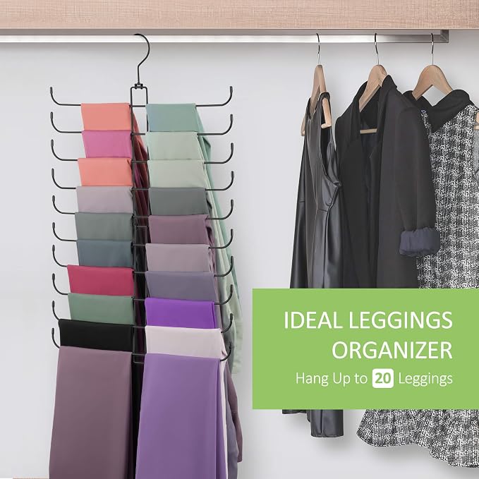 Legging Hanger, Metal Hanging Legging Hangers for Closet Organizer Holds 20 Women's XS-XL & Girls' Leggings, 360° Rotating Foldable Yoga Pants Hangers Space Saving, Black