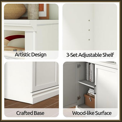 70 Inch Tall Bookcase with Doors, Library Office Bookshelf with Adjustable Shelves, Floor Standing Book Cabinet Shelves for Living Room Bedroom with Anti Tipping Kit, Soft White Finish