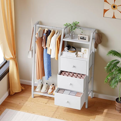 Dresser with Hanging Rack, Reversible Chest of Drawers for Bedroom, 3 Fabric Storage Drawers Dresser with Clothes Rack and Open Shelf, for Closet, Entryway, White