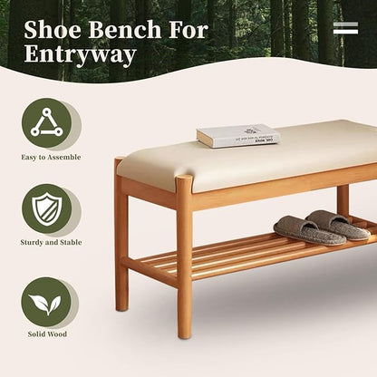 Solid Wood Shoe Bench with Cushion, 2-Tier Shoe Rack for Front Door Entrance, Enterway Benches with Shoe Storage (Natural, 39.4in)