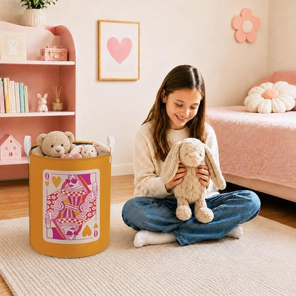 Trendy Pink and Orange Poker Laundry Basket, Preppy Queen of Hearts Playing Card Laundry Hamper Waterproof Collapsible Clothes Toys Storage Bin Organizer for Bedroom Bathroom Home