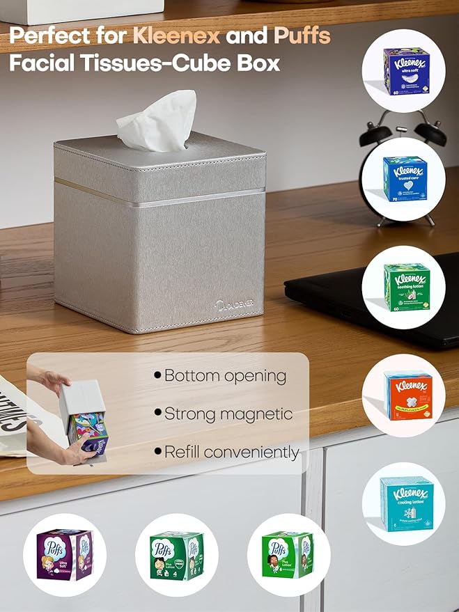 Cloudever Tissue Box Holder Cover, Modern PU Leather Square Decorative Tissue Holder Organizer-Woven New Off White