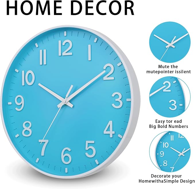HZDHCLH Wall Clocks Battery Operated,Wall Clock Blue and White 10 inch Wall Clock Silent Non Ticking Modern 3D Numbers for Office Kitchen Classroom Bedroom Living Room Decor