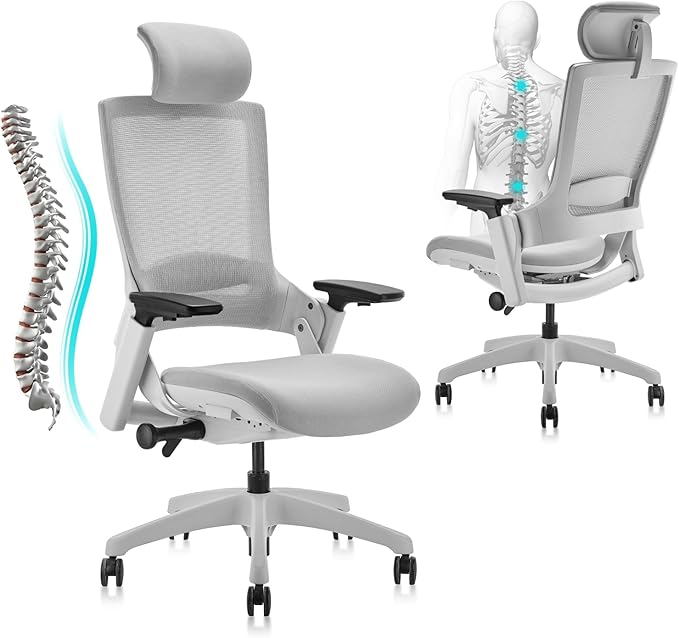 CLATINA Ergonomic High Swivel Executive Chair with Adjustable Height Head 3D Arm Rest Lumbar Support and Upholstered Back for Home Office Studio, Gray Mesh, 2 Pack