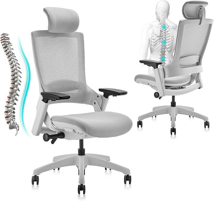 CLATINA Ergonomic High Swivel Executive Chair with Adjustable Height Head 3D Arm Rest Lumbar Support and Upholstered Back for Home Office Studio, Gray Mesh, 2 Pack