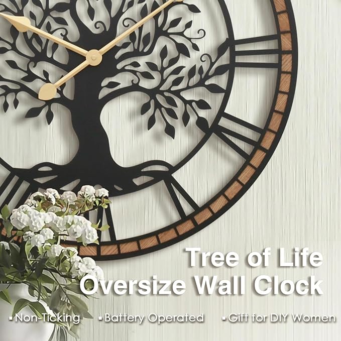 Micasso Non-Ticking Oversize Wall Clock: 35Inch Tree of Life Metal with Solid Wood Frame - Silent Battery Operated Clock for Bedroom/Fireplace/High-Ceiling - Home Decor for Interior Designers