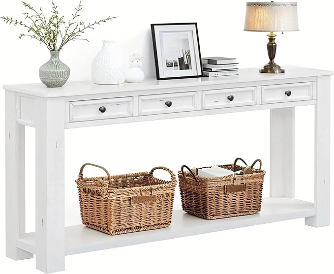 LKTART White Console Table,Solid Wood Sofa Table with 4 Drawers Hallway Table for Storage Entry Foyer Behind Couch Table,Easy Assembled (63" White)